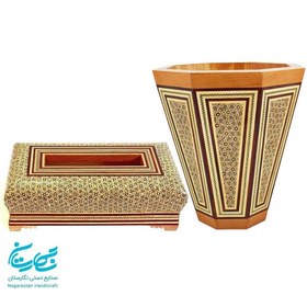 تصویر ست جعبه دستمال کاغذی و سطل خاتم کاری کد 11 