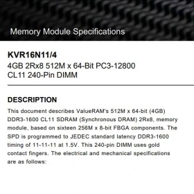 تصویر رم دسکتاپ DDR3 تک کاناله 1600 مگاهرتز کینگستون مدل KVR16N11-4 ظرفیت 4 گیگابایت 