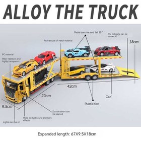 تصویر ماکت فلزی تریلی کفی حمل خودرو با 7 ماشین فلزی همراه 