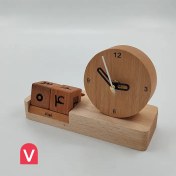 تصویر ساعت گرد رومیزی چوب راش با تقویم نامحدود 