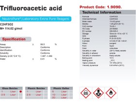 تصویر تری فلورو استیک اسید 1 لیتری بطری شیشه‌ای گرید Extra Pure، شیمی دارویی نوترون Trifluoroacetic acid 1 Lit , Neutron