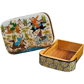 تصویر جعبه چوبی خاتم کاری دست‌ساز طرح چوگان 