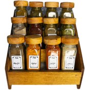 تصویر جا ادویه ی ۱۲ تایی درب چوبی با استند کشویی (با ادویه ی مرغوب اهواز)(ارسال رایگان) 