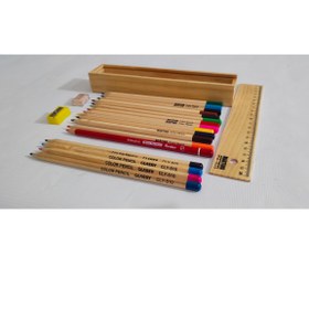 تصویر مداد رنگی 12 تایی چوبی به همراه تراش و پاکن مارتینو 