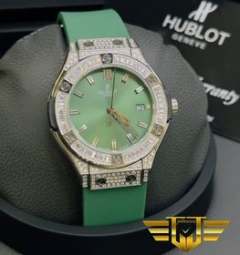 تصویر ساعت مچی زنانه هابلوت نگین دار سبز نقره ای Hublot Diamonds 