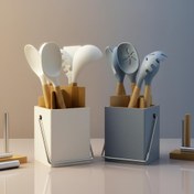 تصویر ست کفگیر ملاقه سلیکونی دسته چوب ۶پارچ با پایه چوبی 