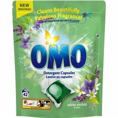 تصویر قرص ماشین لباسشویی اومو رایحه گل ارکیده سفید و نعناع بسته 42 عددی Omo washing machine tablets with white orchid flower and mint scent 42pcs