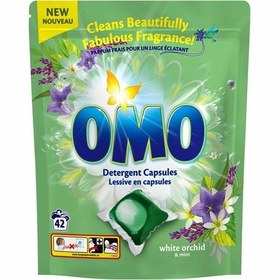 تصویر قرص ماشین لباسشویی اومو رایحه گل ارکیده سفید و نعناع بسته 42 عددی Omo washing machine tablets with white orchid flower and mint scent 42pcs