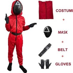 تصویر لباس اسکویید گیم بچگانه به همراه نقاب 