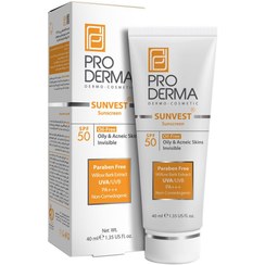 تصویر کرم ضد آفتاب  بی رنگ فاقد چربی پرودرما مدل SPF50 حجم 40 میلی لیتر Pro Derma Sunvest sunscreen Oil-free invisible