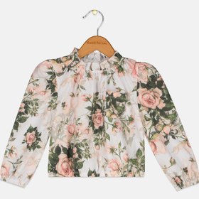 تصویر بلوز آستین بلند دخترانه با یقه گرد و طرح گل، ترکیب سفید و سبز برند chaser Kids Girl Crew Neck Long Sleeves Floral Pattern Tops, White/Green Combo