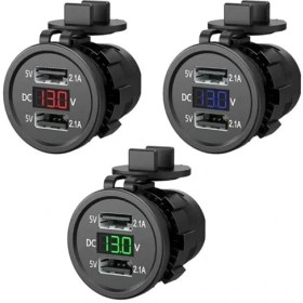 تصویر ولت متر و شارژر خودرویی با USB رنگ قرمز 