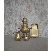 تصویر سرویس سماور زغالی برنجی یک لیتری مدل ساده در سه طرح One-liter brass charcoal samovar set, simple model, in three designs