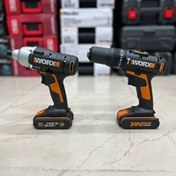 تصویر دریل شارژی چکشی و پیچ بند تقه ای ورکس Worx WX386.9 wx291.9 Worx WX386.9 wx291.9 Twin pack of rechargeable hammer drill and wedge screw 20v