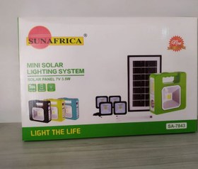 تصویر پکیج یا سیستم روشنایی و پاور بانک خورشیدی SUN AFRICA مدل SA-7843 چهار لامپه و قابلیت شارژ موبایل و وسایل الکترونیکی 