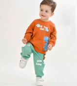 تصویر تیشرت شلوار پسرونه مدل دایناسوری. سایز ۳۵-۴۰(مناسب ۱-۳سال) - بلوز آبی شلوار نارنجی / سایز ۳۵ 