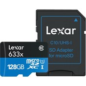 تصویر کارت حافظه‌ microSDXC لکسار مدل High-Performance کلاس 10 استاندارد UHS-I U1 سرعت 95MBps 633X همراه با آداپتور SD ظرفیت 128 گیگابایت کارت حافظه Micro SDXC لکسار مدل High-Performance سرعت 95MBps 633X همراه با آداپتور SD کلاس 10 استاندارد UHS-I U1 ظرفیت 128GB