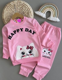 تصویر ست پوشاک دخترانه گربه مخملی سایز ۱ تا ۳ سال سبز 