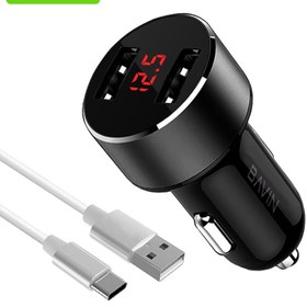 تصویر شارژر فندکی یواس‌بی با کابل تایپ‌سی باوین BAVIN PC373 2.4A Digital Power Indicator Car Charger Dual USB Port 12W 