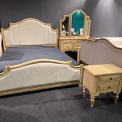 تصویر تخت خواب دو نفره تمام چوب مدل تاج گرد 