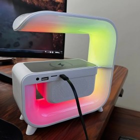 تصویر چراغ خواب و اسپیکر بلوتوثی و شارژر وایرلس LED مدل XM-G3 رنگ سفید 