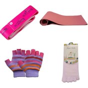 تصویر ست یوگا صورتی مت فومی + جوراب یوگا جلو بسته + دستکش یوگا + کش یوگا هشت کاره