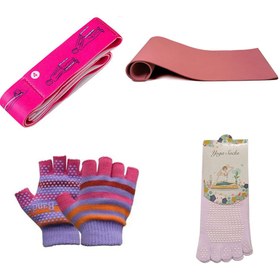 تصویر ست یوگا صورتی مت فومی + جوراب یوگا جلو بسته + دستکش یوگا + کش یوگا هشت کاره