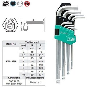 تصویر ست آچار آلن پروسکیت مدل HW-229B مجموعه 9 عددی 9PCS Ball Point Long ArmHex Key Set Pro'sKit HW-229B