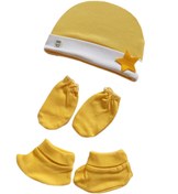تصویر ست کلاه و پاپوش و دستکش نوزادی - زرد 