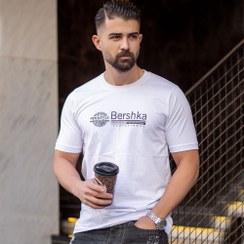 تصویر تیشرت مردانه Bershka برشکا رنگ سفید نخ پنبه آستین و یقه کشی Breshka men's t-shirt, white