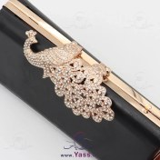 تصویر دهانه قابدار (کیف کلاچ) طاووس پر نگین طلایی 22 سانت 