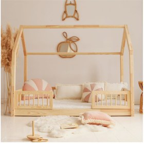 تصویر تخت خواب کودک و نوجوان تمام چوب مدل کلبه 