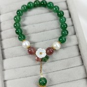 تصویر دستبند پینترستی کوارتز سبز و کوترتز توت فرنگی و مروارید 