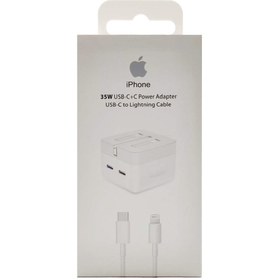 تصویر آداپتور شارژر اپل آیفون دو خروجی تایپ سی 35W همراه با کابل iPhone 14 Max 35w USB-C Power Adapter & USB-C to Lightning Cable