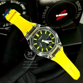 تصویر ساعت مچی جی شاک GA2100 دور شیشه ای کریستال زرد هشت ضلعی(جیشاک GShock) تنظیم اتوماتیک با پایتخت کشورها ،اتولایت اتوماتیک 