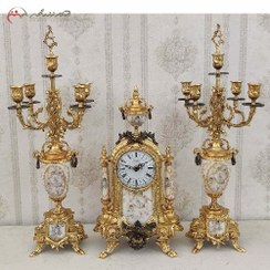 تصویر ست ساعت و شمعدان رومیزی مدل لانچینی با بدنه ی برنزی به رنگ فورتیک و سنگ کرمی طرح دار 409k کد 