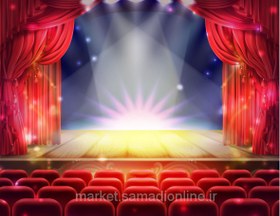 تصویر وکتور Open Red Curtain And Empty Illuminated Theatrical Stage With Falling Sparks 