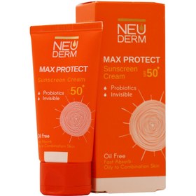 تصویر ضد آفتاب نئودرم پوست چرب مکس پروتکت بیرنگ و رنگی 50 میلی لیتر Neuderm Max Protect Spf50 Sunscreen Cream for Oily Skin 50 ml