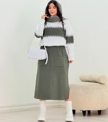 تصویر ست بلوز دامن بافت طرح دوتیکه کرم مشکی و سبز سفید 