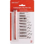 تصویر ست قلم فلزی کالیگرافی SinoArt مجموعه 10 عددی با نیب استیل و دسته چوبی 