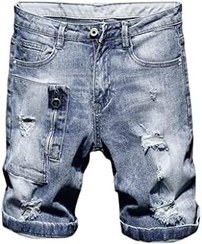 تصویر ZHCWT Summer Men&#39;s Ripped Denim Shorts Straight Loose Ripped Short Pocket Straight Plaid Jeans (Color : A, Size : 28) 