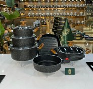 تصویر سرویس قابلمه ۱۰ پارچه مارک پی ام تی (اویز) تحت لیسانس ترکیه مدل السا جنس چدن داخل گرانیت شامل قابلمه سایز ۲۰ ،۲۴ ،۲۸ و تابه تکدسته سایز ۲۴ و تابه گریل مربع تکدسته سایز ۲۸ و تابه دو دسته سایز ۲۸ - مشکی 