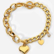 تصویر دستبند زنجیر کوبایی قلبی با روکش طلا از استیل 