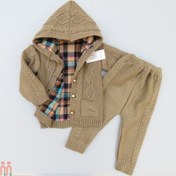 تصویر ست لباس بافتنی نوزاد و کودک سویشرت آستردار و شلوار رنگ نسکافه ای baby warm clothes set 