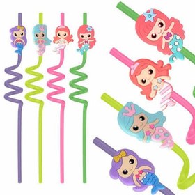 تصویر نی نوشیدنی پیچی فانتزی کودک طرح‌دار با استیکر – بسته ۴ عددی - قلبی 