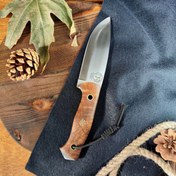 تصویر چاقو بوشکرفت مهدی محبی مدل بی کادو (فولاد 80CRV2 و دسته ریشه گردو + پین موزاییکی + غلاف چرمی) 