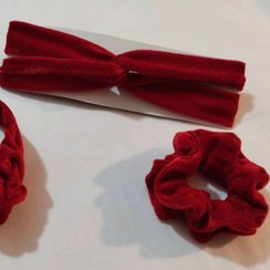 تصویر ست تل کشی یا هد بند مخمل قرمز و کش مو سایز استاندارد نرم و لطیف مدل پیچ 