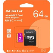 تصویر کارت حافظه microSDXC ای دیتا مدل Premier کلاس 10 استاندارد UHS-I V10 A1سرعت 100MBps ظرفیت 64 گیگابایت به همراه آداپتور Adata Premier U1 C10 80MB 64GB
