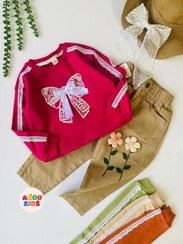 تصویر بلوز دخترانه پاپیون آلایاز سایز ۸ تا ۱۰ سال رنگ کرم و سبز و ارغوانی و آجری 