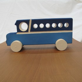تصویر اتوبوس چوبی چرخدار متحرک خام و بدون رنگ مناسب سیسمونی و اسباب بازی کودک 